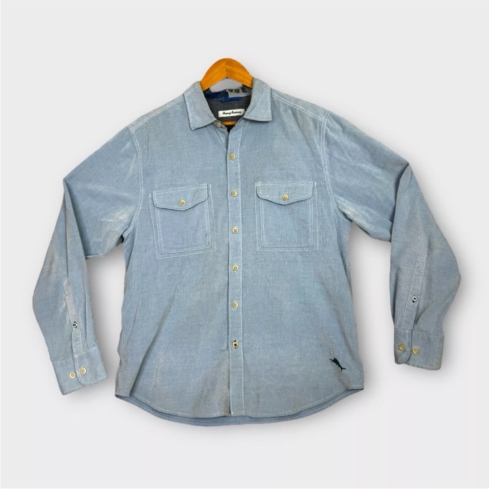 Tommy Bahama Corduroy Shirt Mens Medium Light Blue Button Up Long Sleeve Comfort